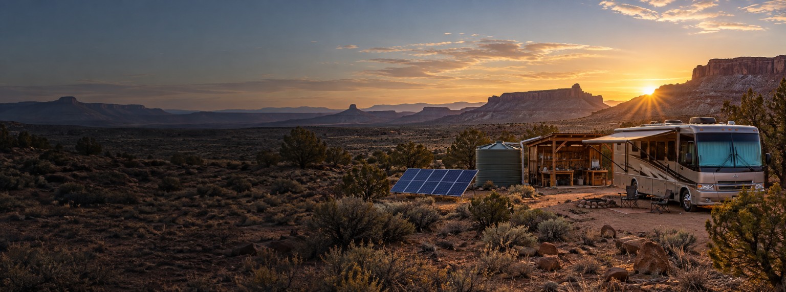 An off-grid desert homestead at sunrise with a motorhome, solar panels, water storage, and an open workshop